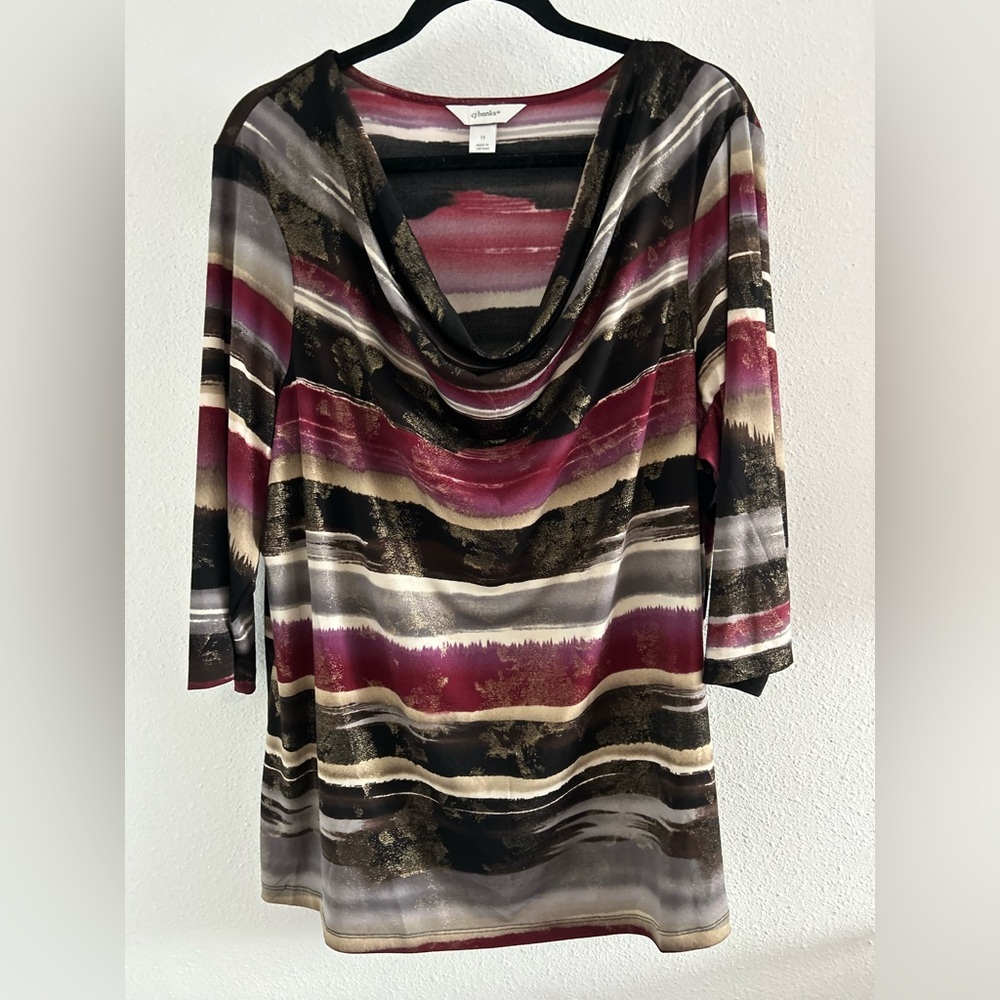 CJ Banks Striped Brushstroke Cowl Neck Top Size 1X